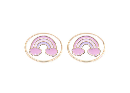 Pair of charms for girls eyeglasses with pink and purple rainbow design on a white background