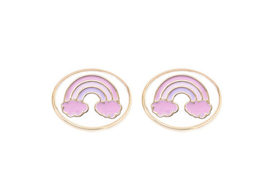 Pair of charms for girls eyeglasses with pink and purple rainbow design on a white background