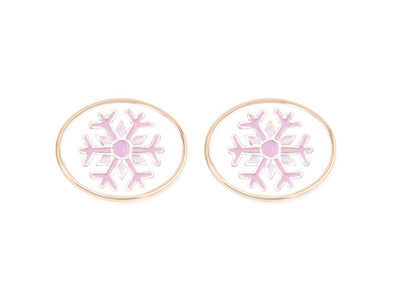 Pair of earrings with pink snowflake design on a white background