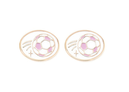 Pair of earrings with pink soccer ball design on a white background
