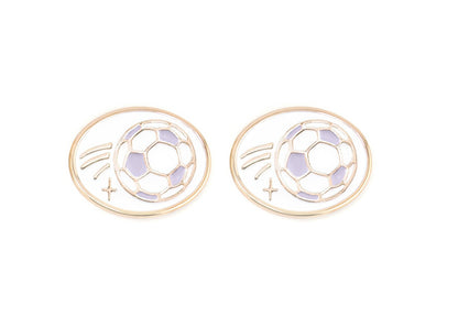 Pair of charms for girls eyeglasses with purple soccer design on a white background