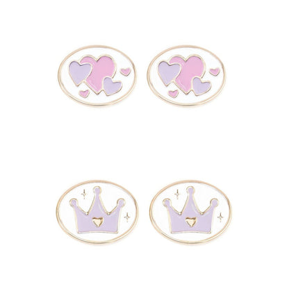 Pair of interchangeable charms for glasses with heart and crown designs on a white background