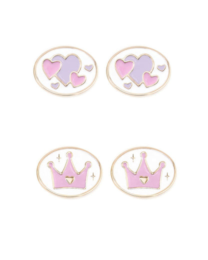 Two sets of interchangeable charms for girls glasses with heart and crown designs on a white background