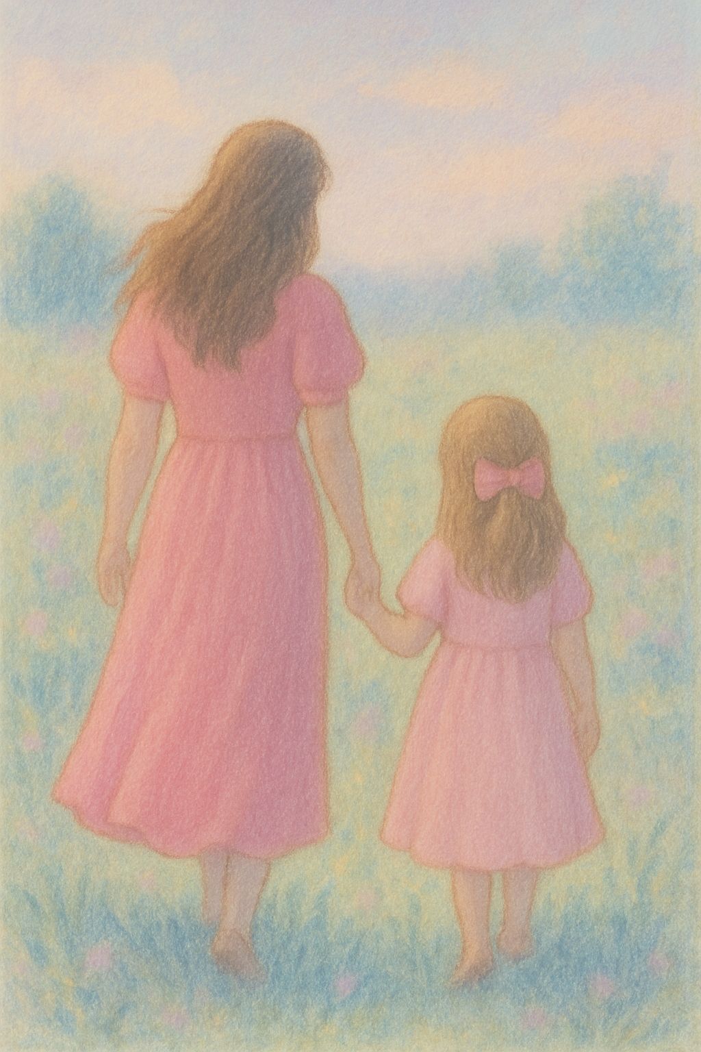 Mom and daughter n pink dresses walking hand-in-hand through a field.