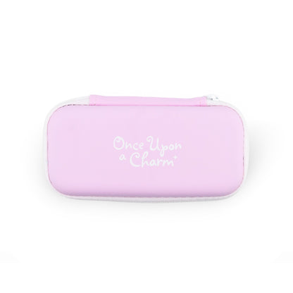 Pink eyeglass case with 'Once Upon a Charm' text on a white background