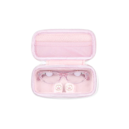 Pink glasses case with a pair of translucent pink glasses inside on a white background