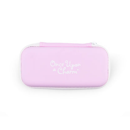 Pink girls classes case with 'Once Upon a Charm' text on a white background