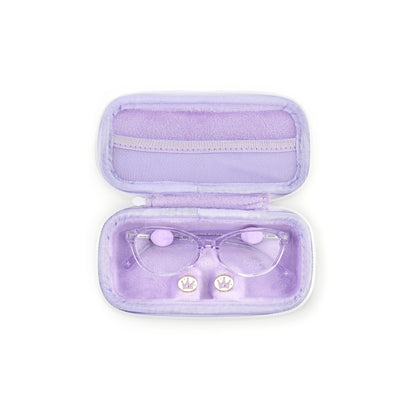 Purple eyeglass case with Once Upon a Charm frames and an extra set of interchangeable charms 